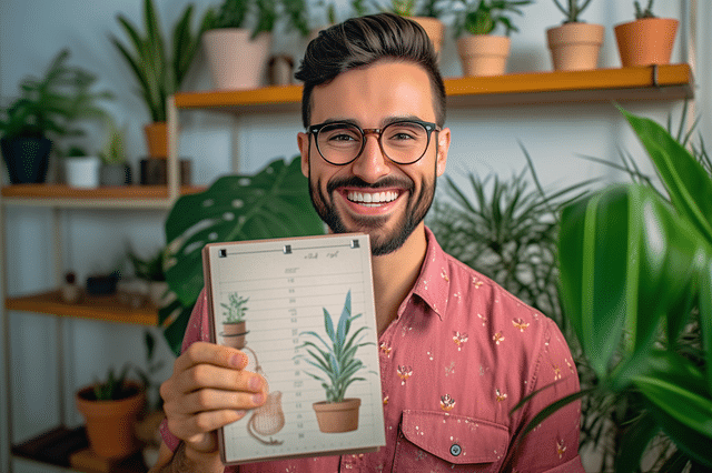 Man holding up houseplant calendar