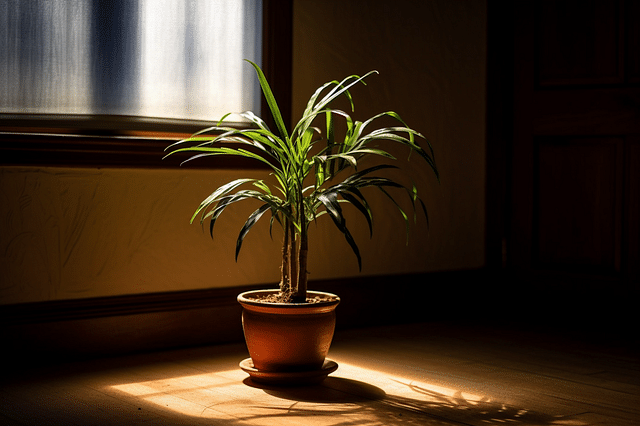 Small houseplant in dark room