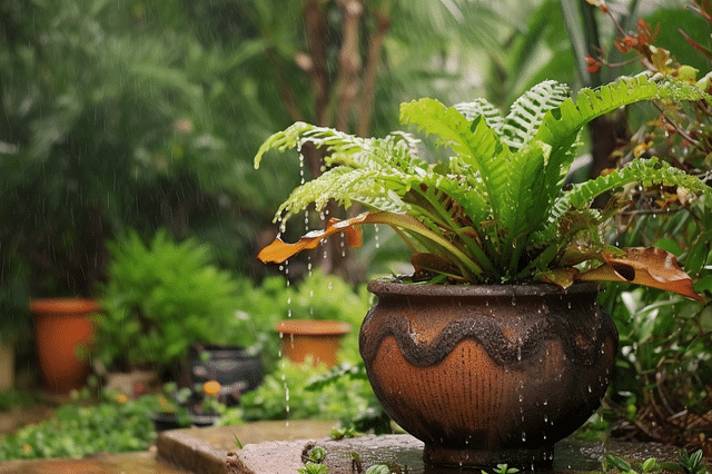 Fern outdoors in the rain